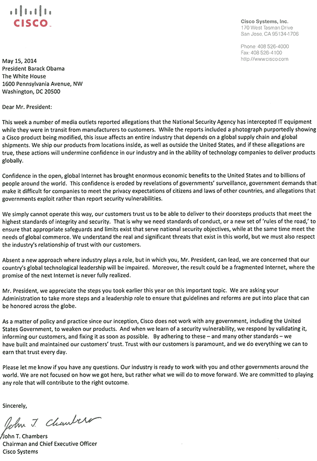 Cisco CEO Sends Letter to Obama Complaining About NSA Surveillance 2014 05 15