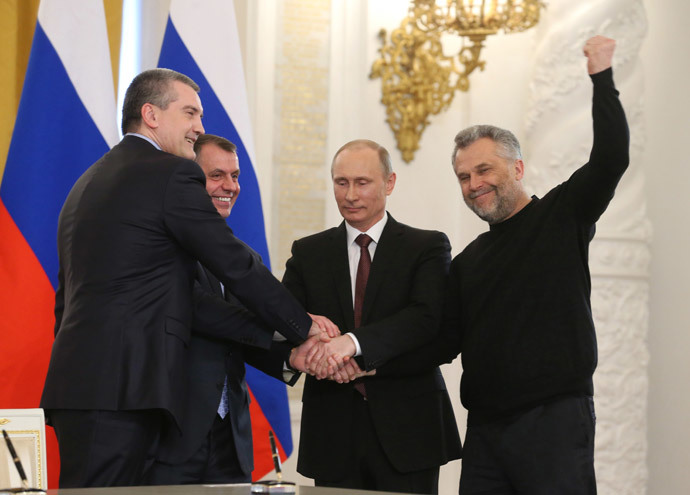 President Vladimir Putin (second right) attending the Kremlin ceremony on signing the Russian Federation-Crimea Treaty March 18, 2014.(RIA Novosti / Ekaterina Shtukina)
