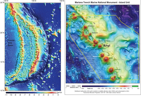 Bathymetric maps showing the islands and seamounts that make up the Mariana volcanic island arc (left) and the area of Ahyi seamount in the northern part of the arc (right). Susan Merle of NOAA's Earth-Ocean Interaction Program created these maps.