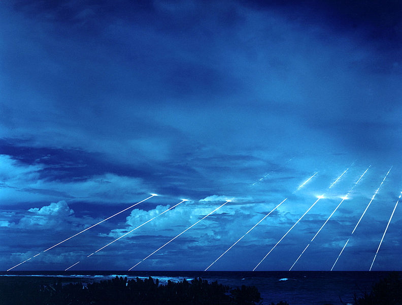 Testing of the LGM-118A Peacekeeper re-entry vehicles, all eight shot from only one missile. Each line represents the path of a warhead which, were it live, would detonate with the explosive power of twenty-five Hiroshima-style weapons. (Wikipedia: Anti-ballistic missile)