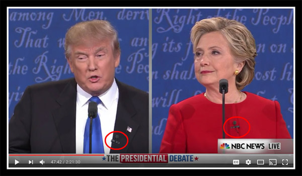 Donald Trump and Hillary Clinton wearing lapel microphones at first presidential debate