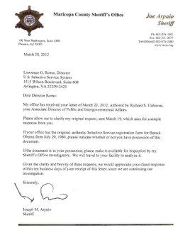 Sheriff Joe Arpaio's second letter to Selective Service (click to enlarge)