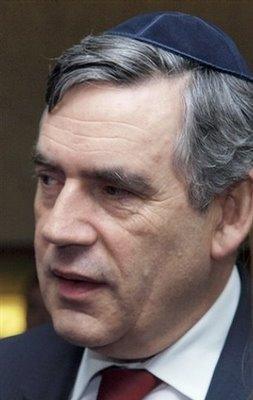 British prime minister, Gordon Brown, wearing a yarmulke
