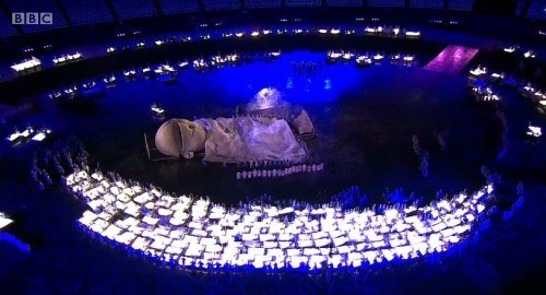 During the 2012 London Olympics Ceremonies, the NHS was "celebrated" in a disturbing way, by showing helpless children being scared by dark forces. The show ended with a strange giant baby with a "fracture" on its forehead. 
