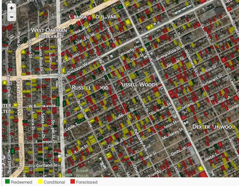 Foreclosure map of downtown Detroit.