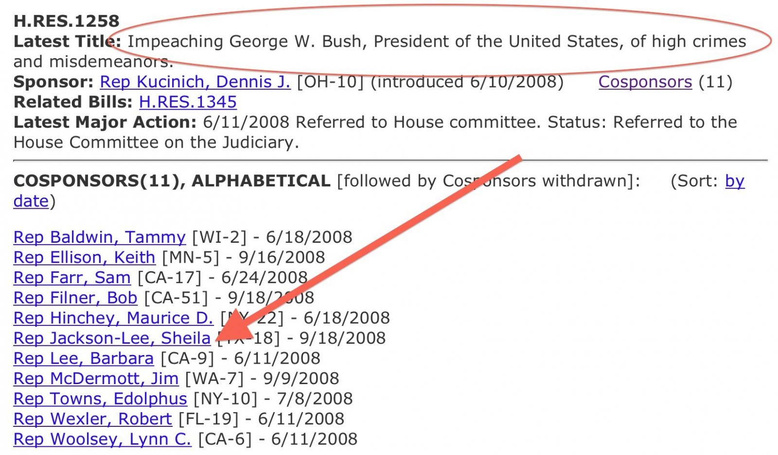 Copy of 2008 resolution to impeach President George W. Bush. (Library of Congress)