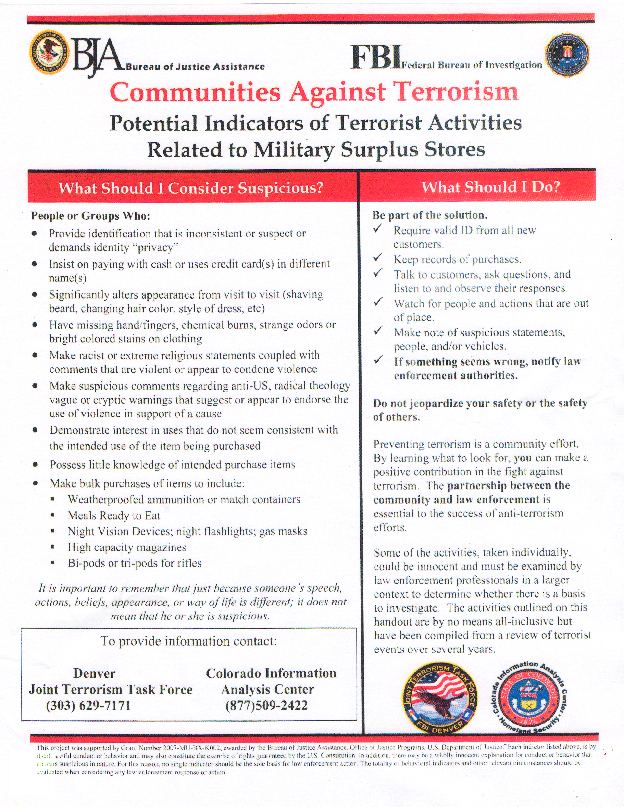 FBI Handout Lists Purchase of Preparedness Items as Potential Indicators of Terrorist Activities (image from www.oathkeepers.org)