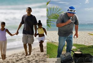 Left: Barack Obama and his children in Kailua; right: a man cooks his dinner at a camp off the main beach in Honolulu