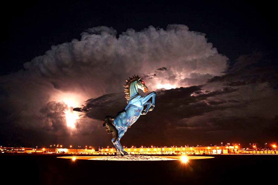 You are greeted at the airport by Mustang, by New Mexico artist Luis Jimnez, was one of the earliest public art commissions for Denver International Airport in 1993. Standing at 32 feet tall and weighing 9,000 pounds "Mustang" is a blue cast-fiberglass sculpture with red shining eyes. Jimnez died in 2006 while creating the sculpture when the head of it fell on him and severed an artery in his leg.