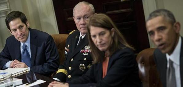 Dr. Tom Frieden, director of the Centers for Disease Control, Chairman of the Joint Chiefs of Staff Martin Dempsey, Health and Human Services Secretary Sylvia Burwell and President Obama