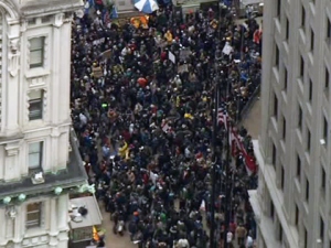 Occupy Wall Street protesters march in lower Manhattan on Thursday, Nov. 17, 2011 (credit: CBS 2)