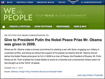 Petition states Putin "enabled the US to avoid unwanted and unwarranted military action..."